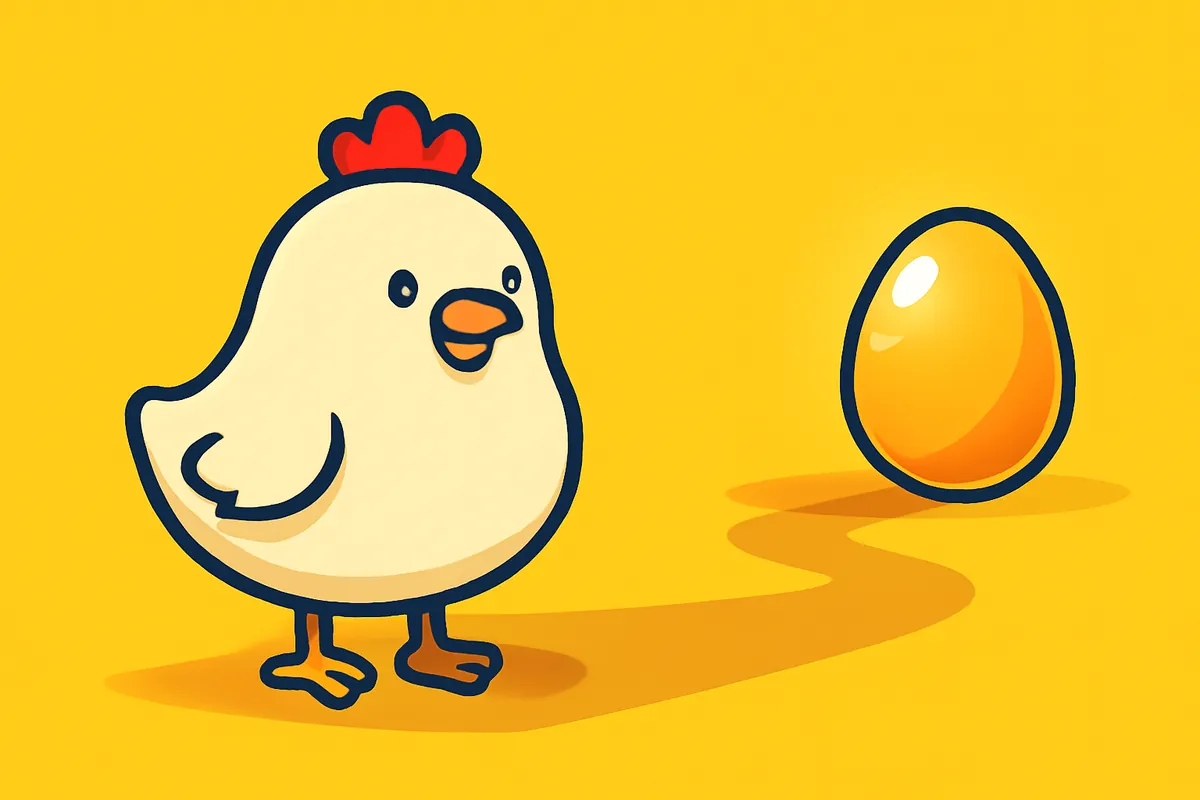 Illustrazione: la gallina osserva l'uovo d'oro al traguardo del percorso